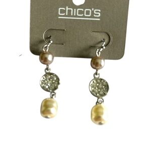 Chico's Silver Tone Beaded Crystal Pearl Hook Earrings